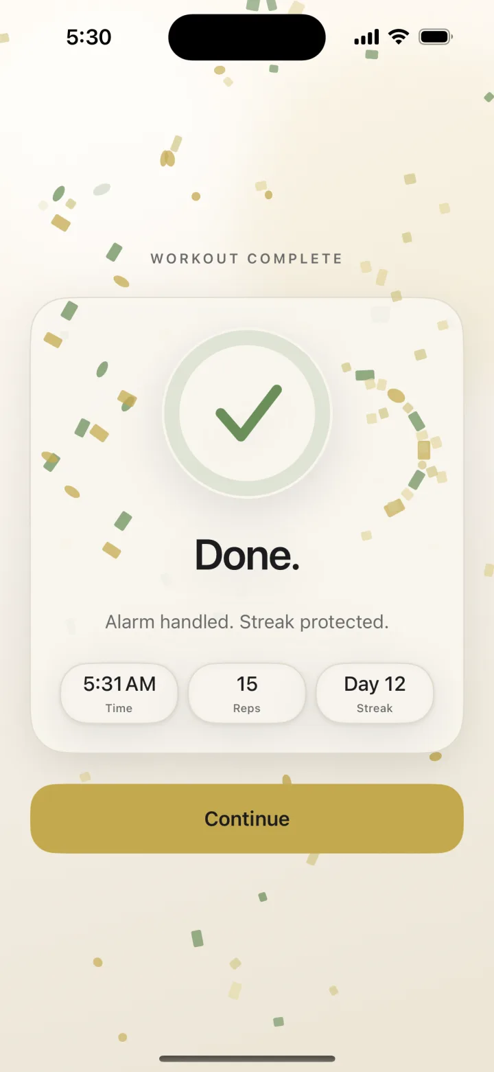 RiseReps workout complete screen showing 15 reps done and a 12-day streak