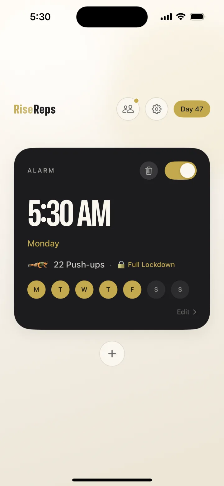 RiseReps home screen with a 5:30 AM alarm set for 22 push-ups in Full Lockdown mode