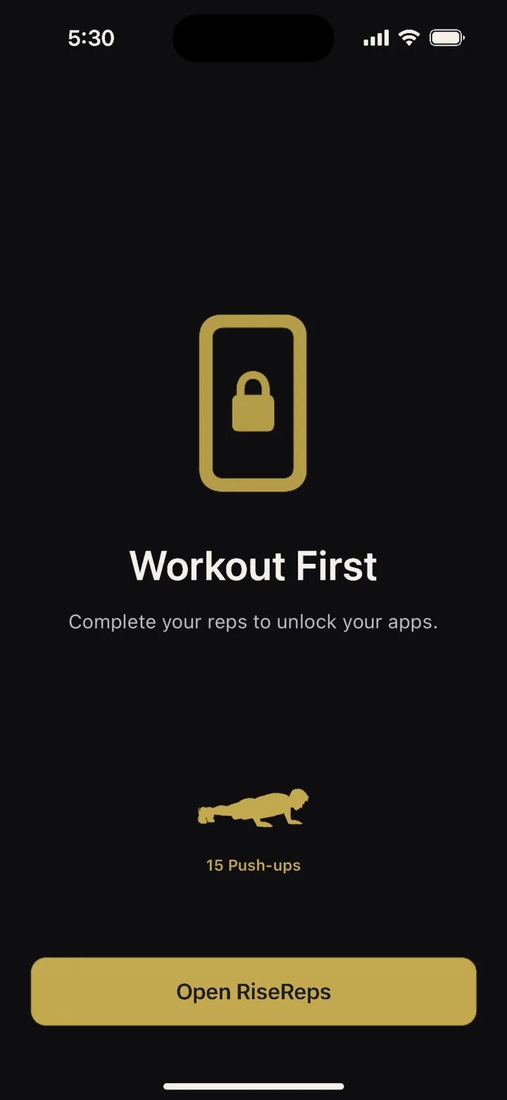 RiseReps Full Lockdown screen blocking other apps until the wake-up workout is complete