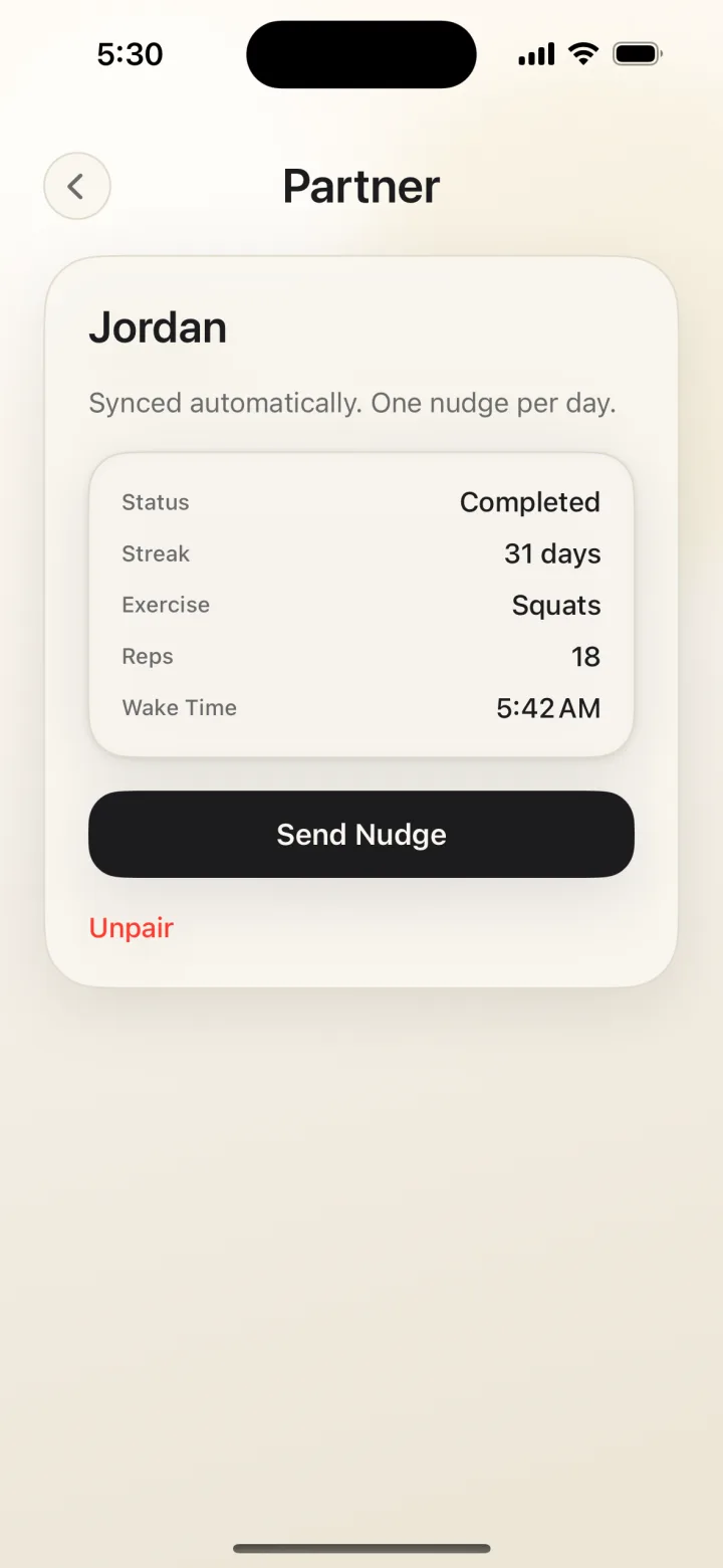 RiseReps accountability partner screen showing a friend's 31-day streak and a Send Nudge button