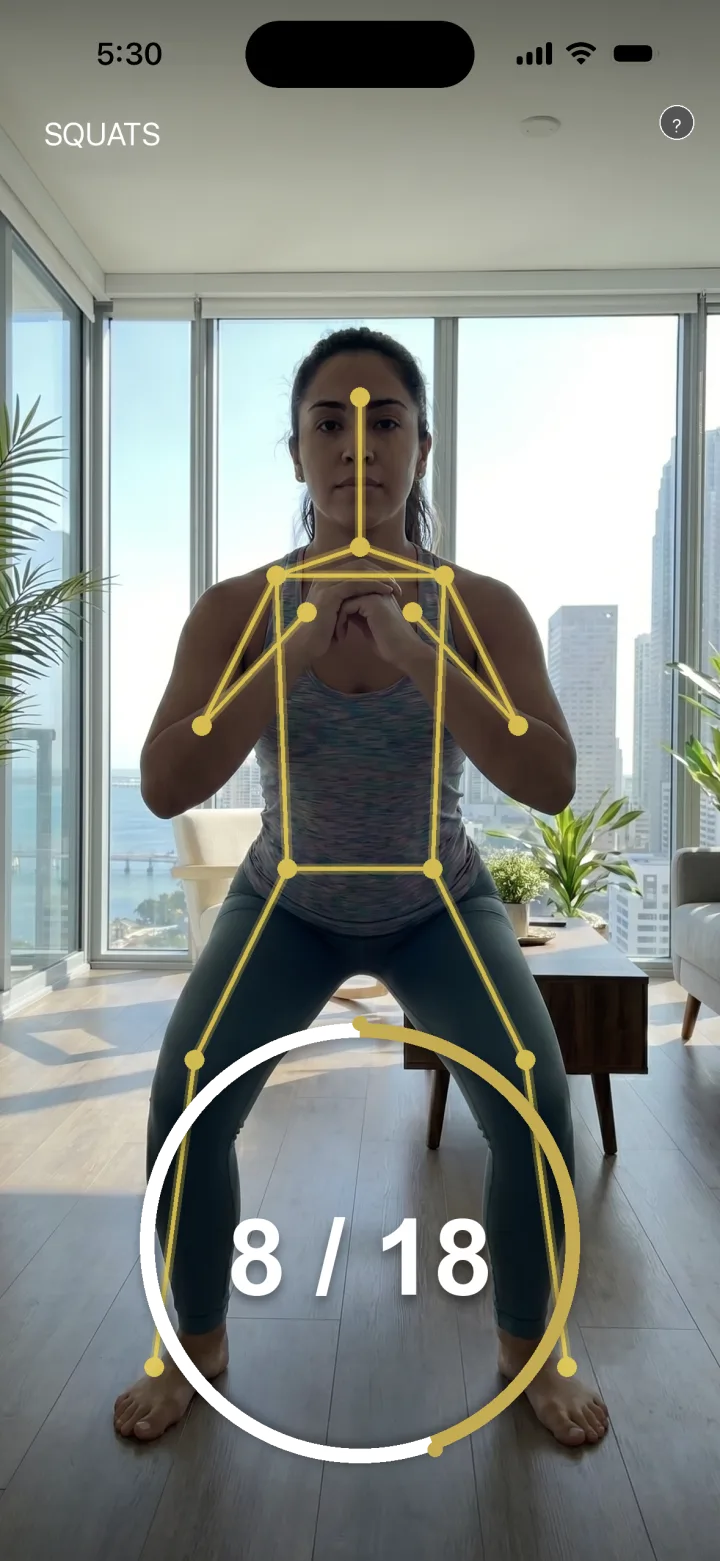 RiseReps camera counting squats in real time with body pose tracking overlay